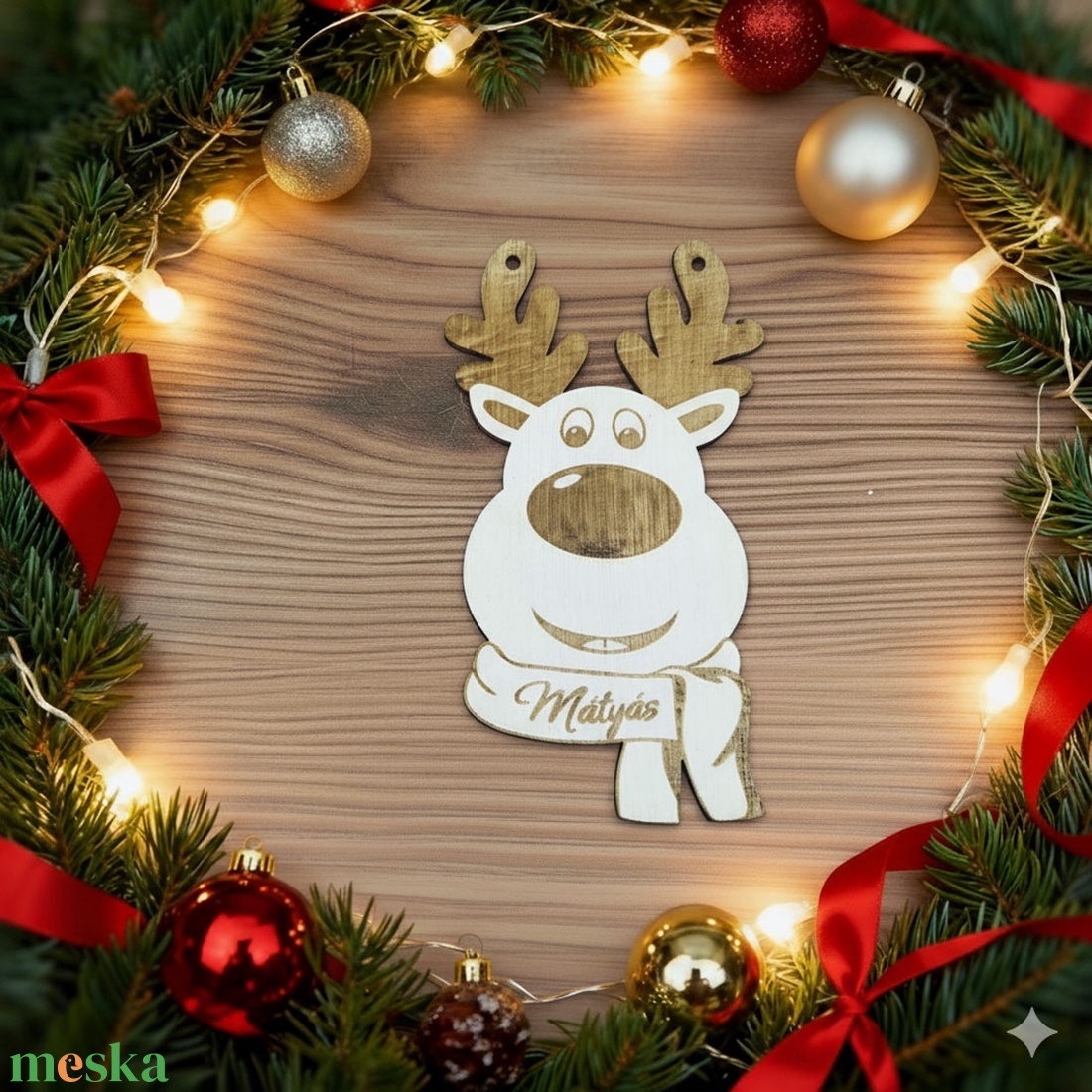 Karácsonyfadísz, rénszarvas gravírozott névvel - karácsony - karácsonyi lakásdekoráció - karácsonyfadíszek - Meska.hu