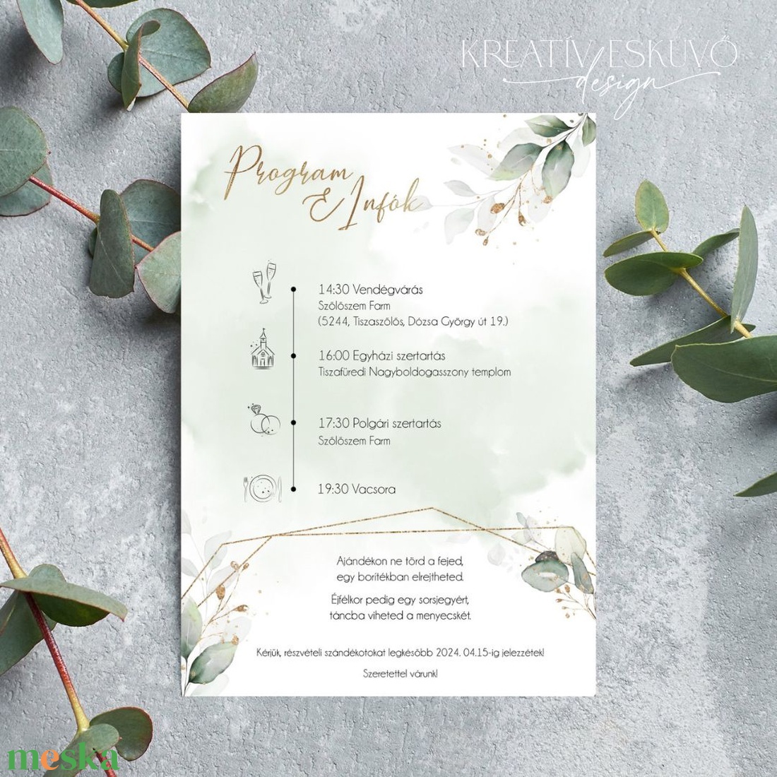 Greenery geometrikus esküvői meghívó - zöld leveles - arany - menetrend - esküvő - meghívó & kártya - meghívó - Meska.hu