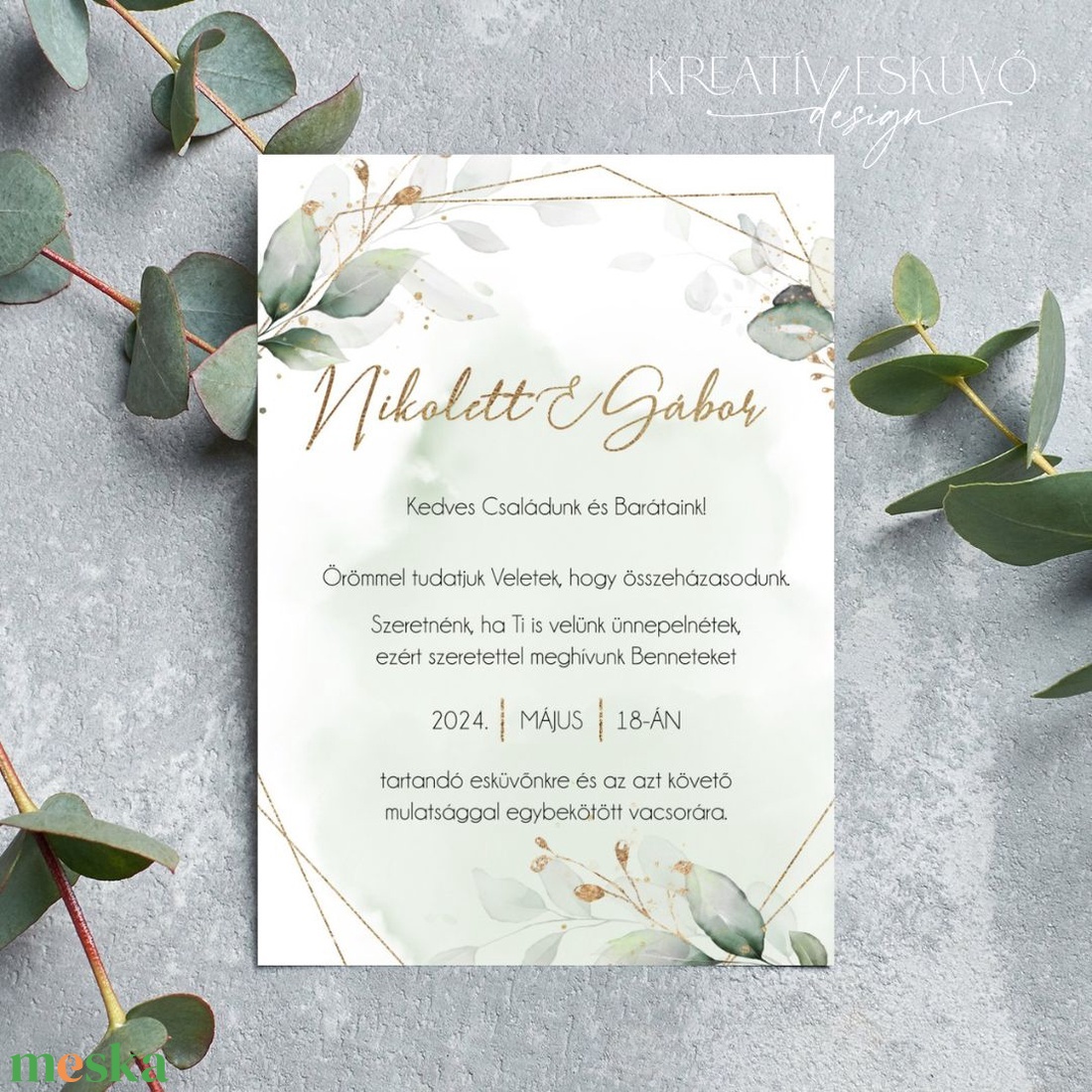 Greenery geometrikus esküvői meghívó - zöld leveles - arany - menetrend - esküvő - meghívó & kártya - meghívó - Meska.hu