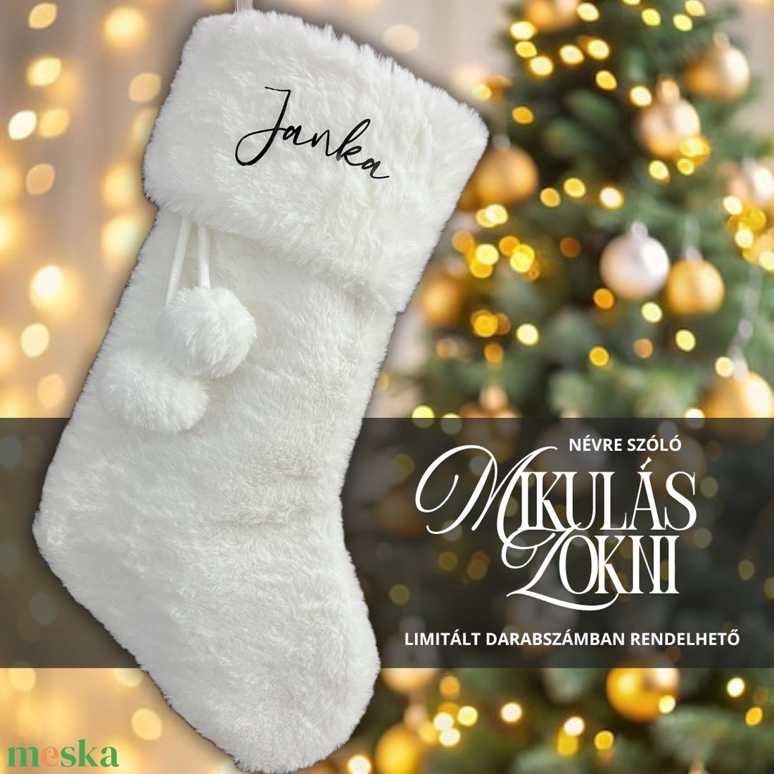 Fehér plüss mikulás zokni - névre szóló, feliratozott, neves - karácsony - mikulás - mikulás zsák - Meska.hu
