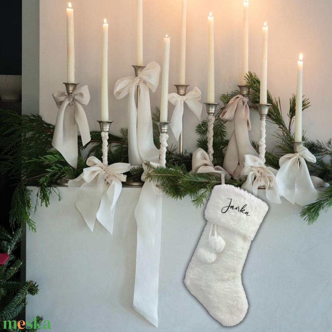 Fehér plüss mikulás zokni - névre szóló, feliratozott, neves - karácsony - mikulás - mikulás zsák - Meska.hu