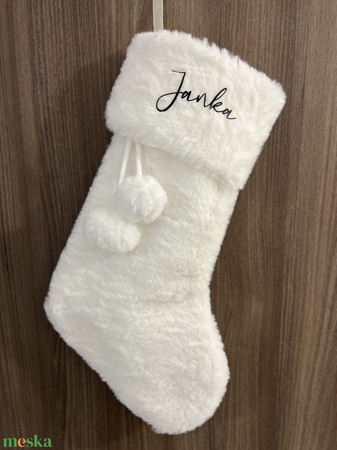 Fehér plüss mikulás zokni - névre szóló, feliratozott, neves - karácsony - mikulás - mikulás zsák - Meska.hu