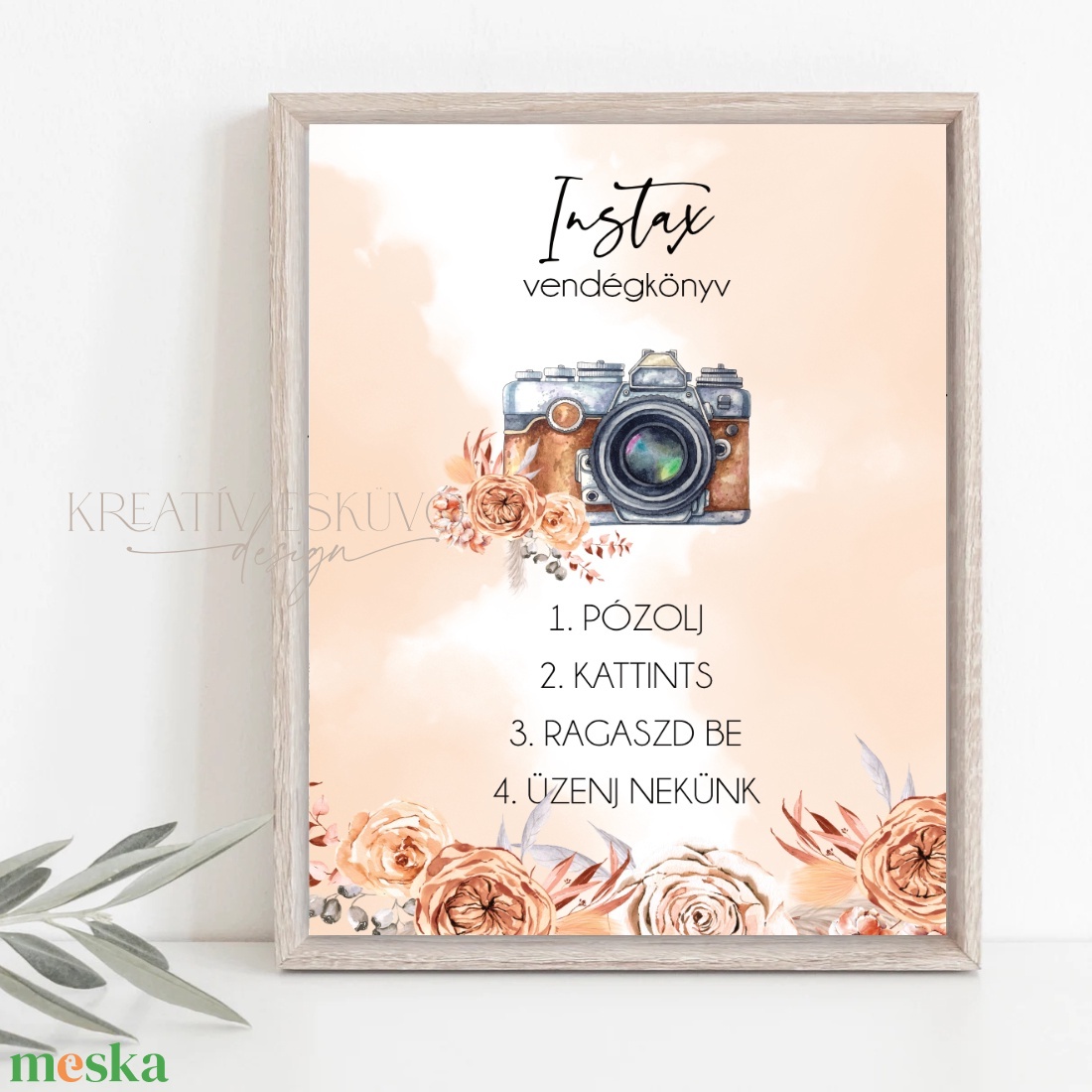Instax, polaroid fotókönyv instrukciós tábla - pózolj, kattints, üzenj nekünk - barack, narancs, rózsás, virágos - esküvő - dekoráció - tábla & jelzés - Meska.hu