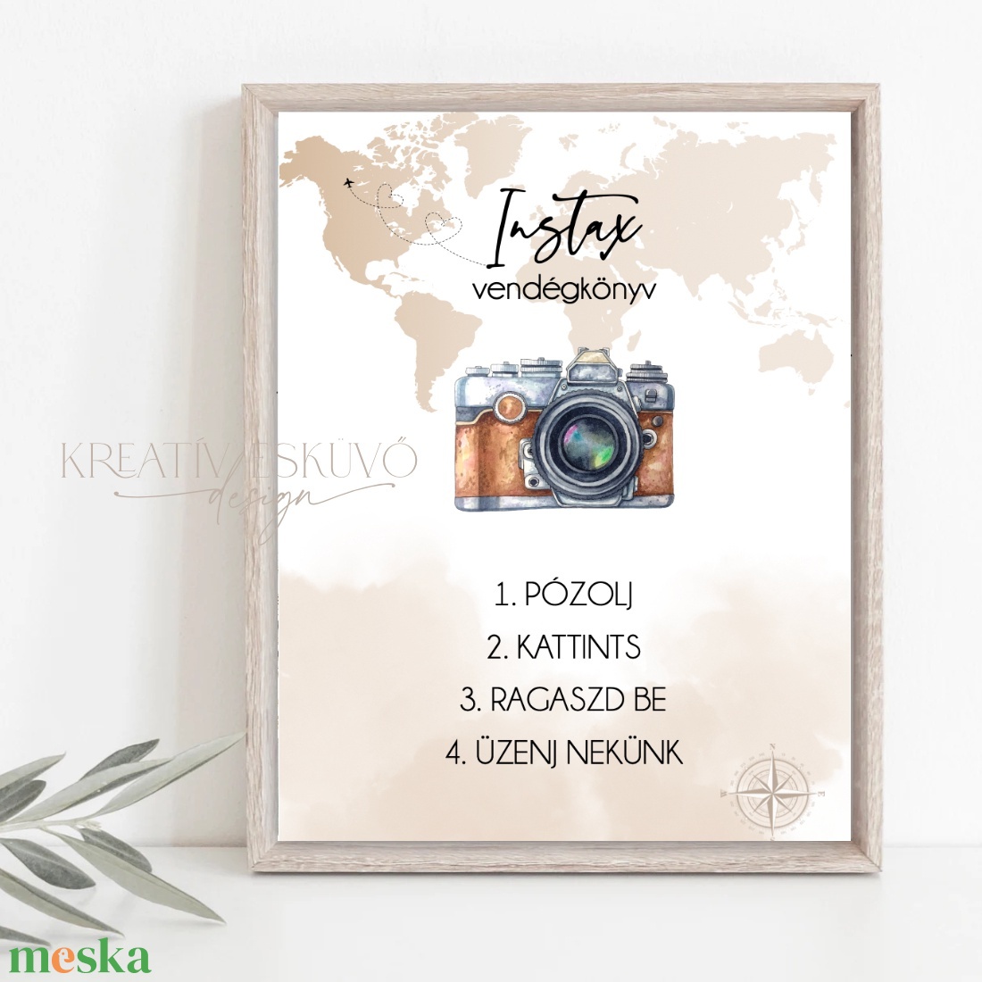 Instax, polaroid fotókönyv instrukciós tábla - pózolj, kattints, üzenj nekünk - bézs, világtérképes, passport, utazás - esküvő - dekoráció - tábla & jelzés - Meska.hu