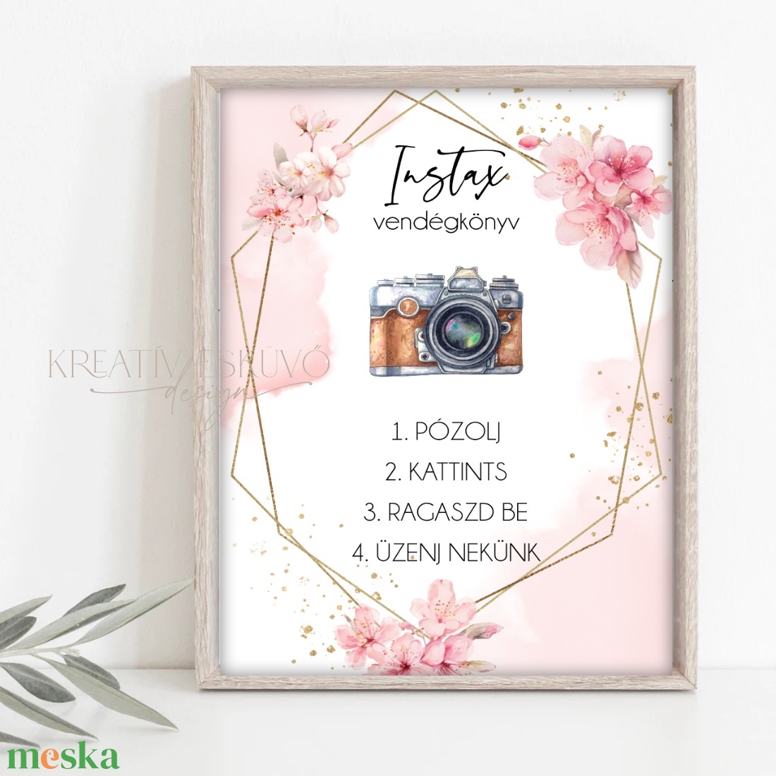 Instax, polaroid fotókönyv instrukciós tábla - pózolj, kattints, üzenj nekünk - cseresznyevirág, Sakura - esküvő - dekoráció - tábla & jelzés - Meska.hu