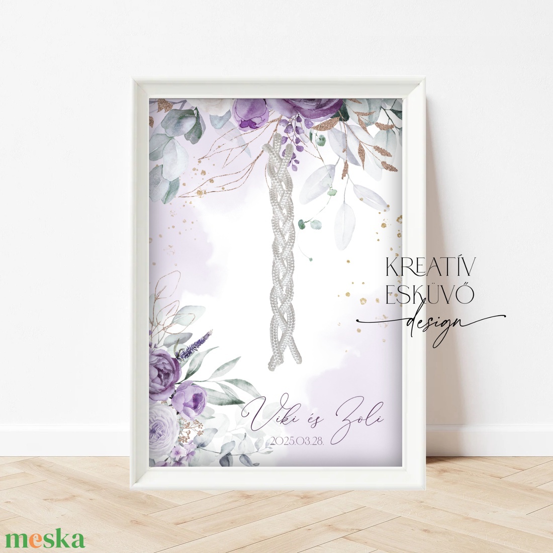 Kötélceremónia tábla - lila-arany virágos - esküvő - dekoráció - helyszíni dekor - Meska.hu