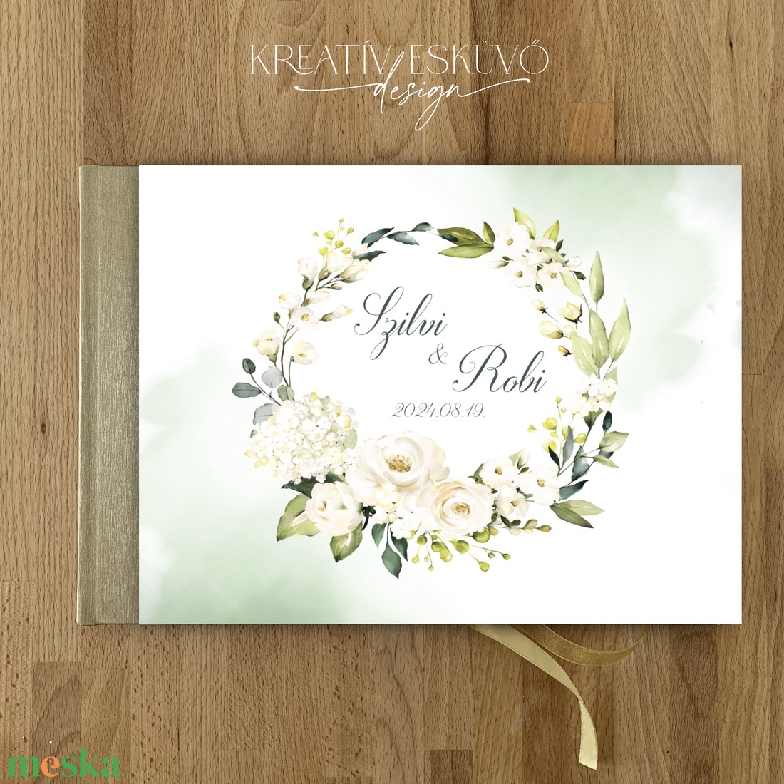 Greenery, zöld, fehér virágos, rózsás, leveles esküvői vendégkönyv, fotókönyv - esküvő - emlék & ajándék - vendégkönyv - Meska.hu