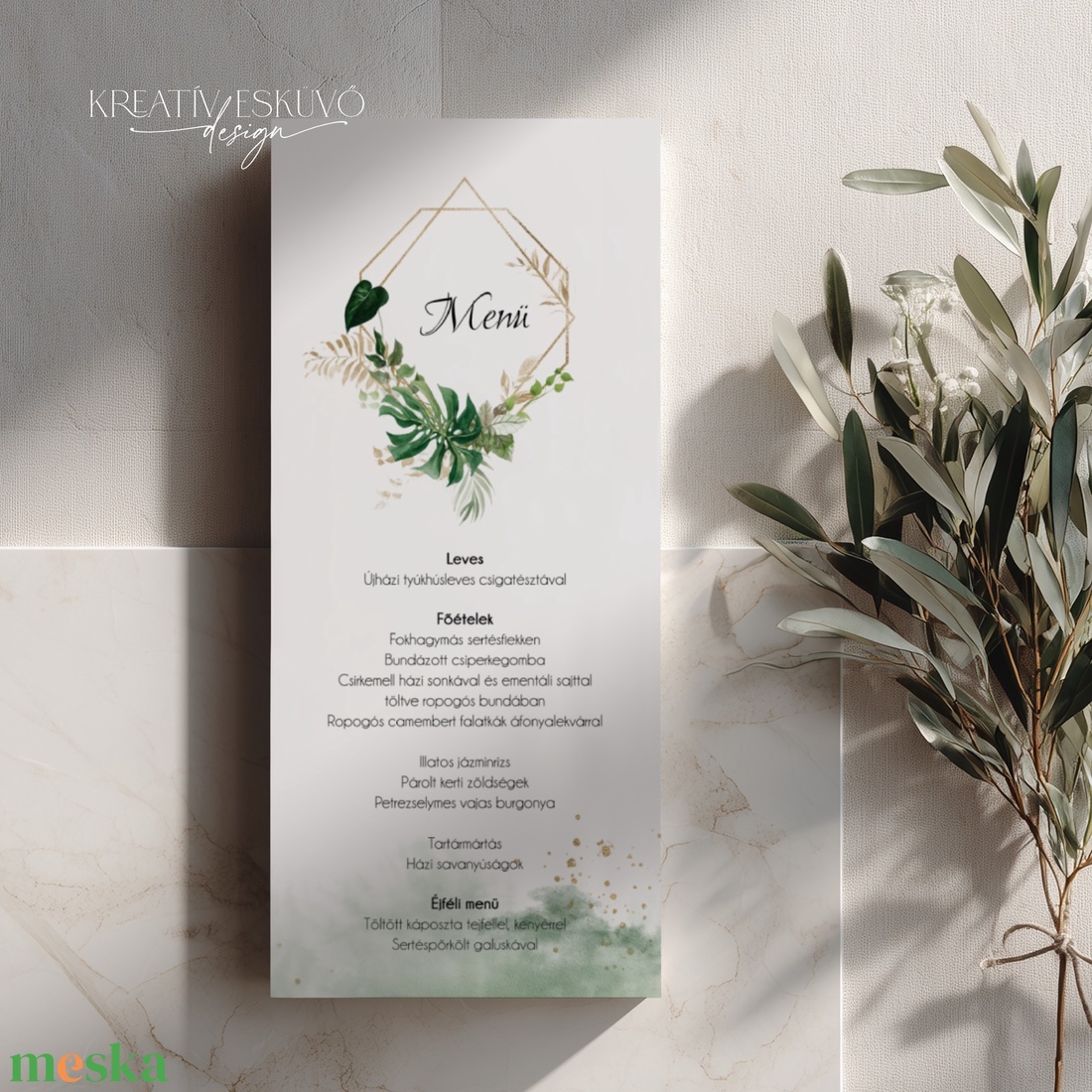 Esküvői menükártya - menühasáb - menühenger - Monstera greenery zöld leveles - esküvő - dekoráció - menü - Meska.hu