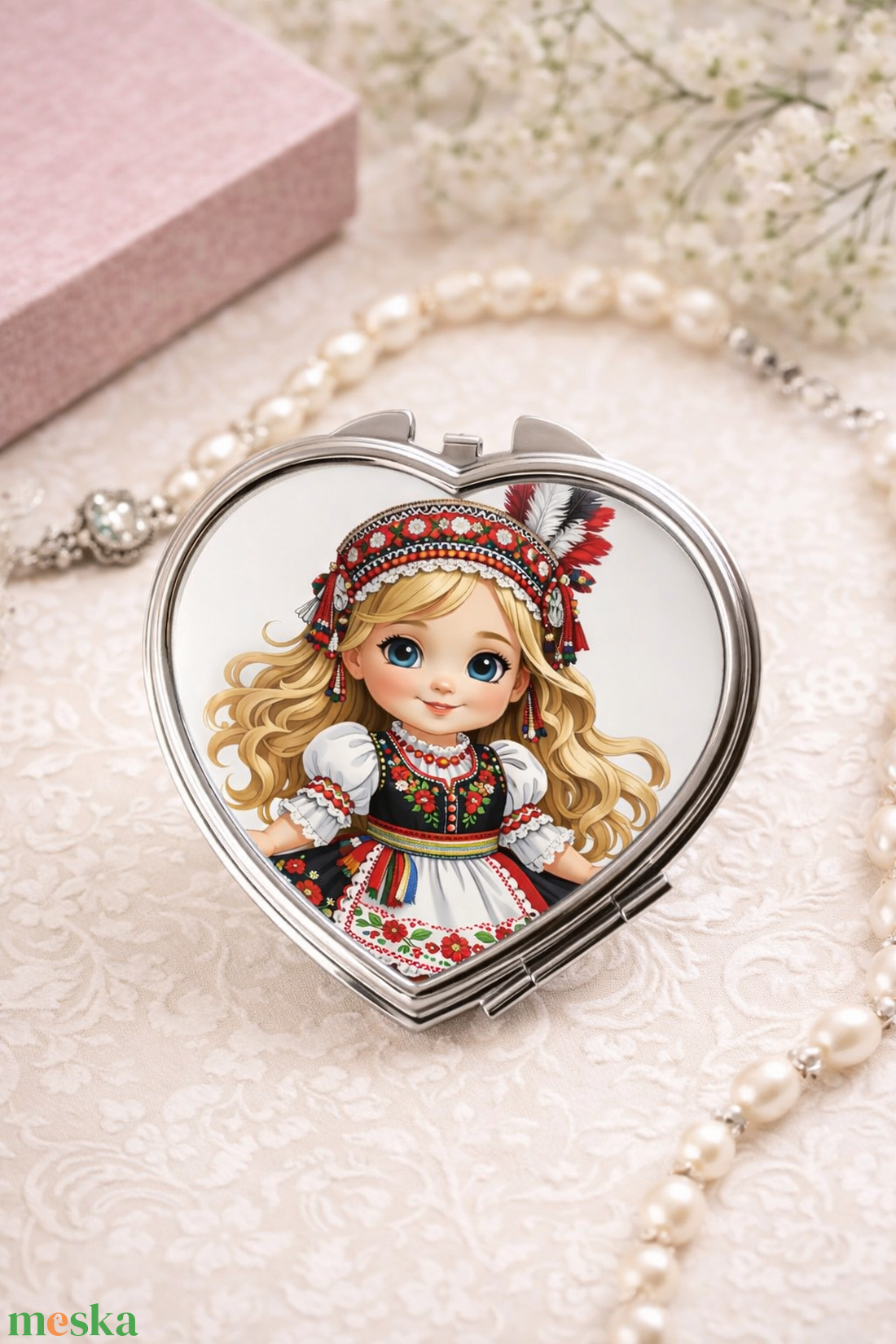  Szív Alakú Zsebtükör � Népi Mintás Kislányos Design - otthon & életmód - dekoráció - tükör - Meska.hu