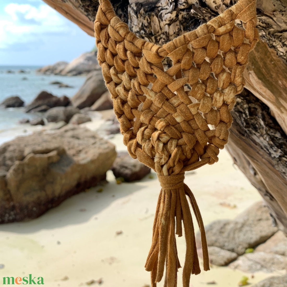 Makramé nyaklánc, Mustársárga - ékszer - nyaklánc - bojtos nyaklánc - Meska.hu