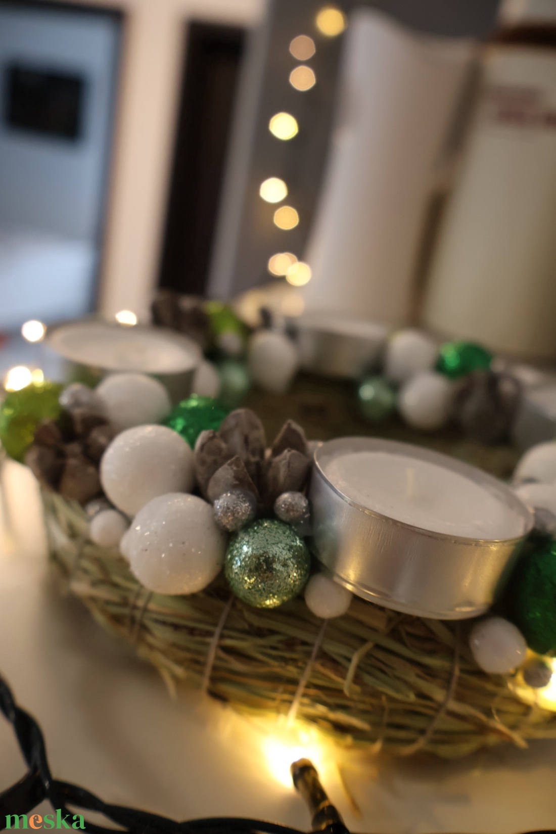 Zöld-fehér adventi koszorú  - karácsony - adventi díszek - adventi koszorú - Meska.hu