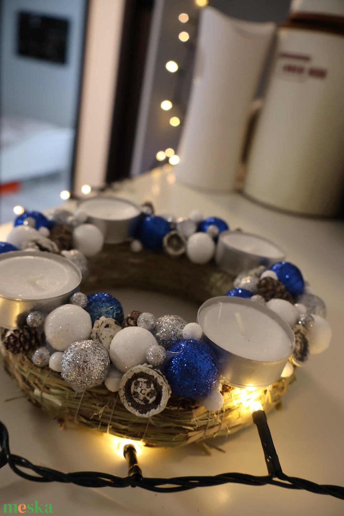 Kék-fehér adventi koszorú - karácsony - adventi díszek - adventi koszorú - Meska.hu