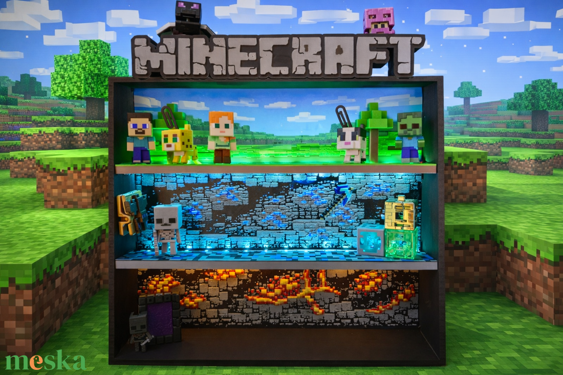 Minecraft Kinder Joy figuratartó � 3 szintes, LED világítással - baba - mama - babaszobabútor - játéktároló - Meska.hu