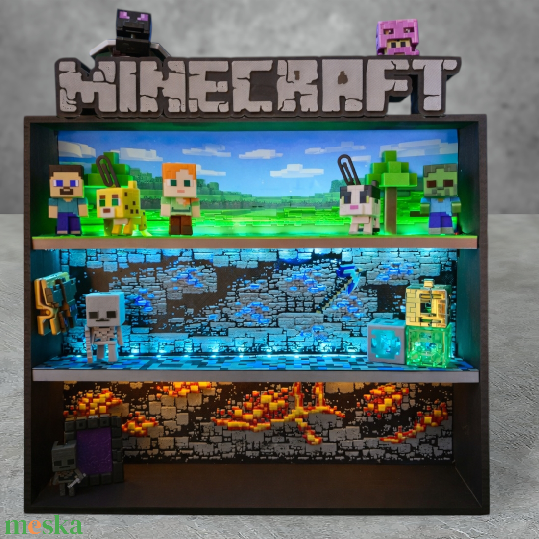 Minecraft Kinder Joy figuratartó � 3 szintes, LED világítással - baba - mama - babaszobabútor - játéktároló - Meska.hu