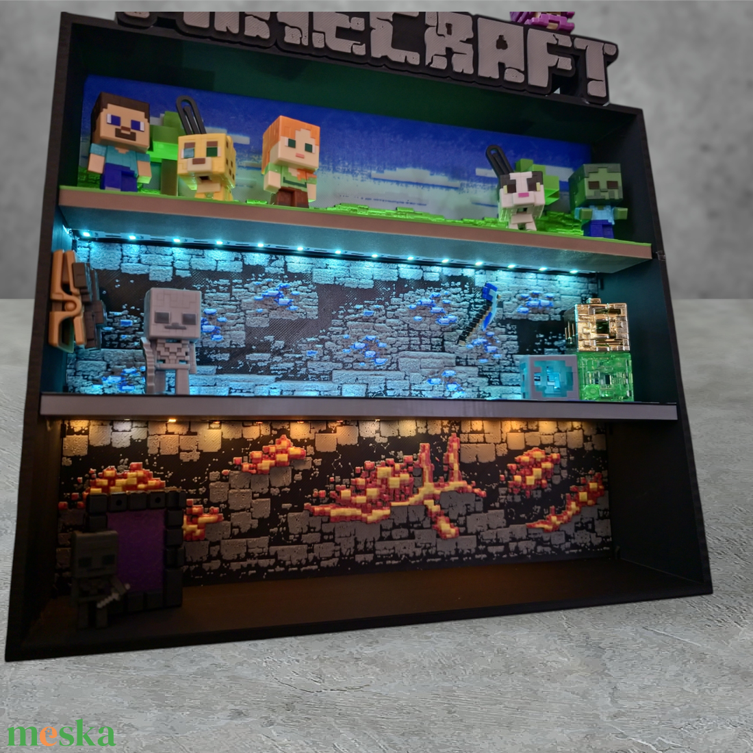 Minecraft Kinder Joy figuratartó � 3 szintes, LED világítással - baba - mama - babaszobabútor - játéktároló - Meska.hu