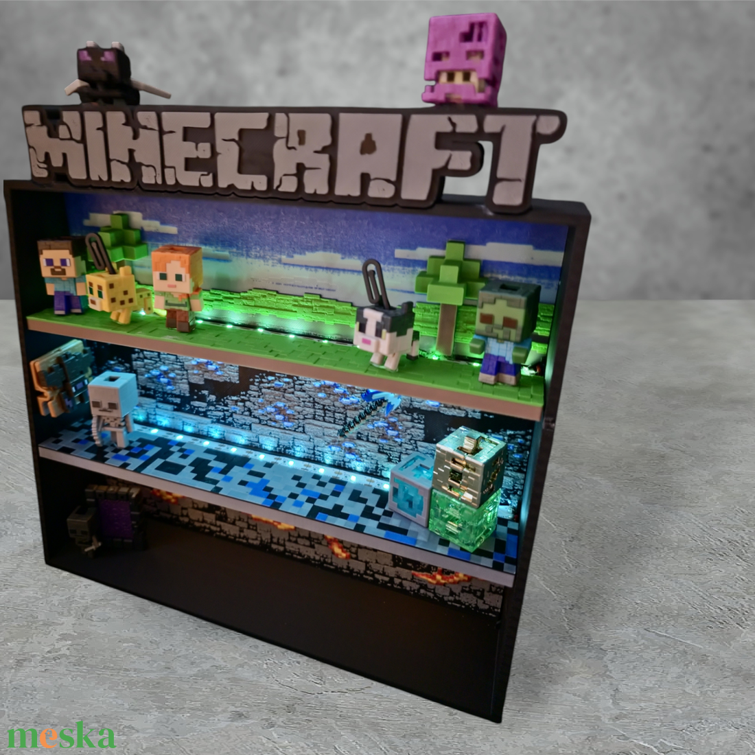 Minecraft Kinder Joy figuratartó � 3 szintes, LED világítással - baba - mama - babaszobabútor - játéktároló - Meska.hu
