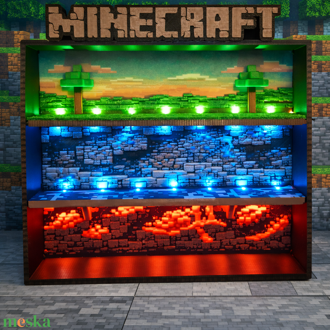Minecraft Kinder Joy figuratartó � 3 szintes, LED világítással - baba - mama - babaszobabútor - játéktároló - Meska.hu