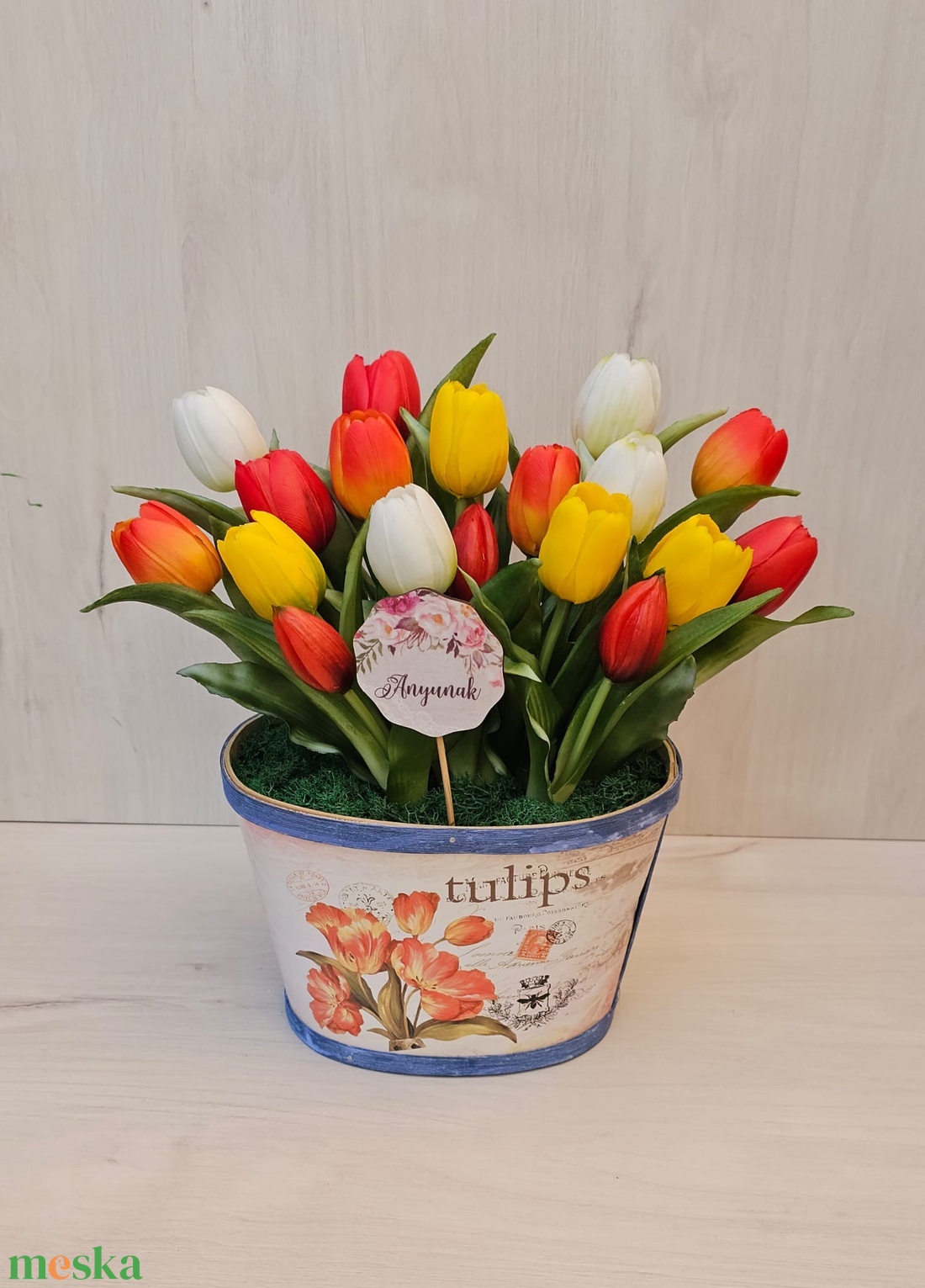 Tulipán háncs kaspóban - otthon & életmód - dekoráció - asztal és polc dekoráció - asztaldísz - Meska.hu
