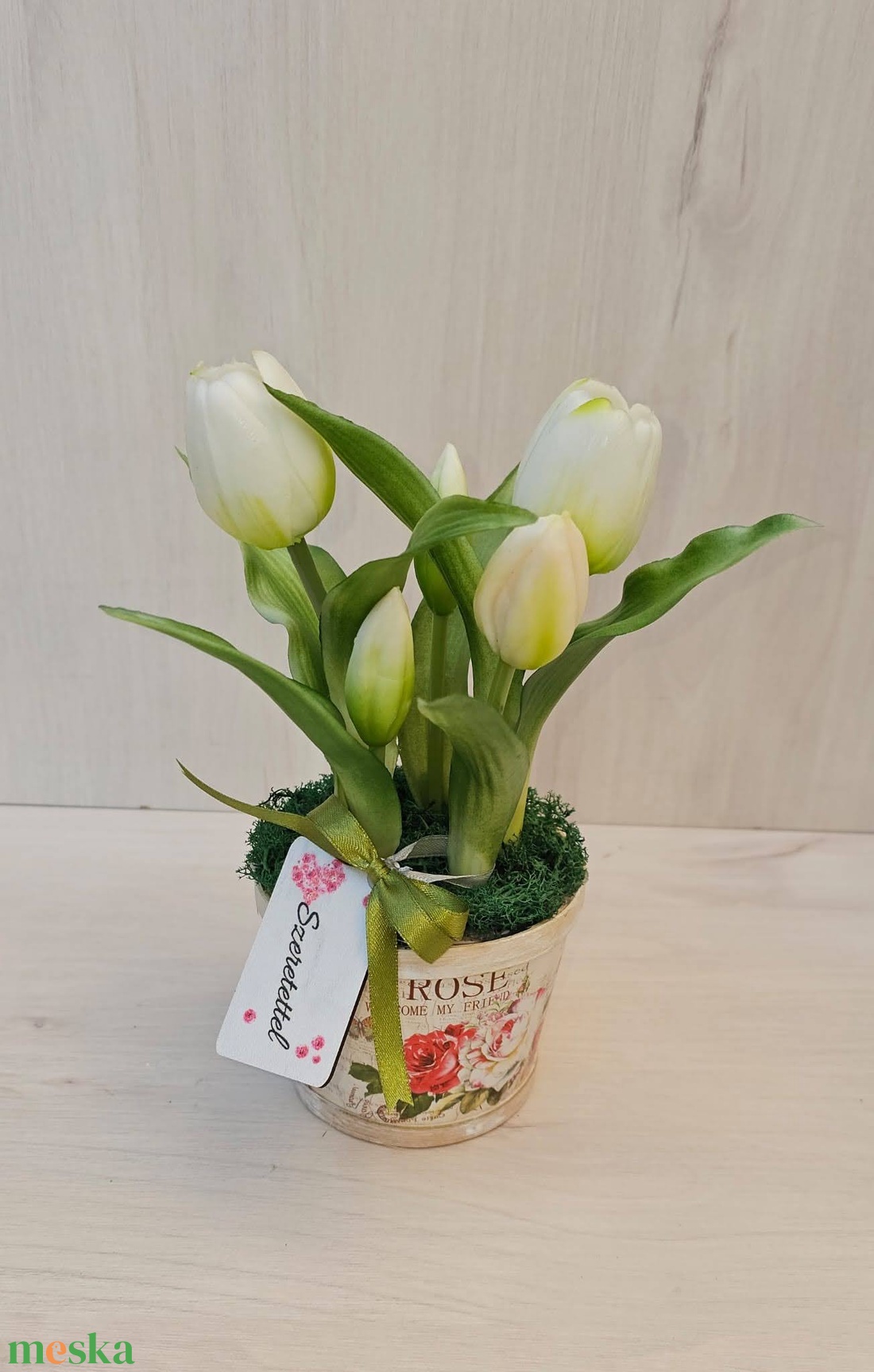 Tulipán háncs kaspóban - otthon & életmód - dekoráció - asztal és polc dekoráció - asztaldísz - Meska.hu