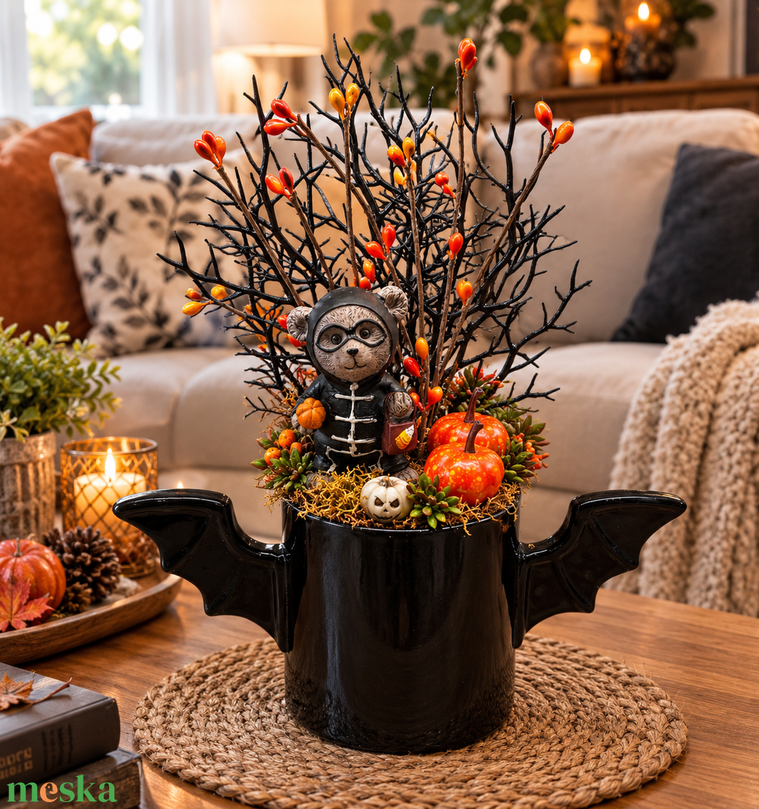 Cuki macis őszi dísz denevéres bögrében - otthon & életmód - dekoráció - halloween - halloweeni asztaldísz - Meska.hu