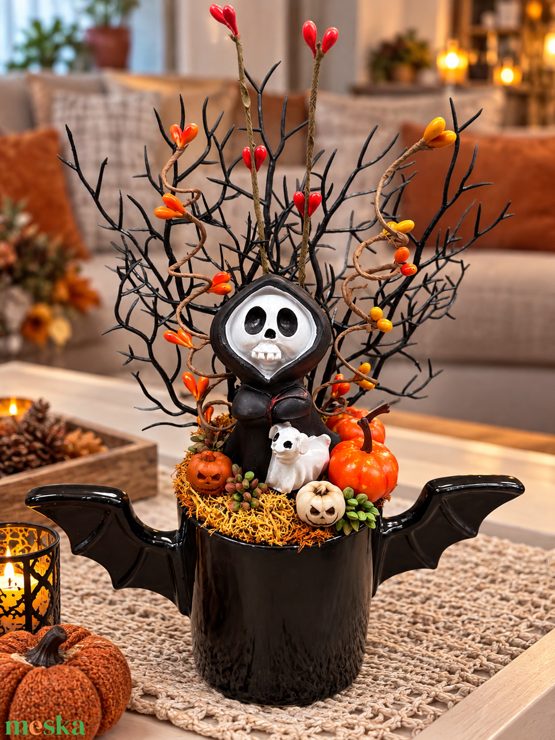 Halloween dísz denevéres bögrében - otthon & életmód - dekoráció - halloween - halloweeni asztaldísz - Meska.hu