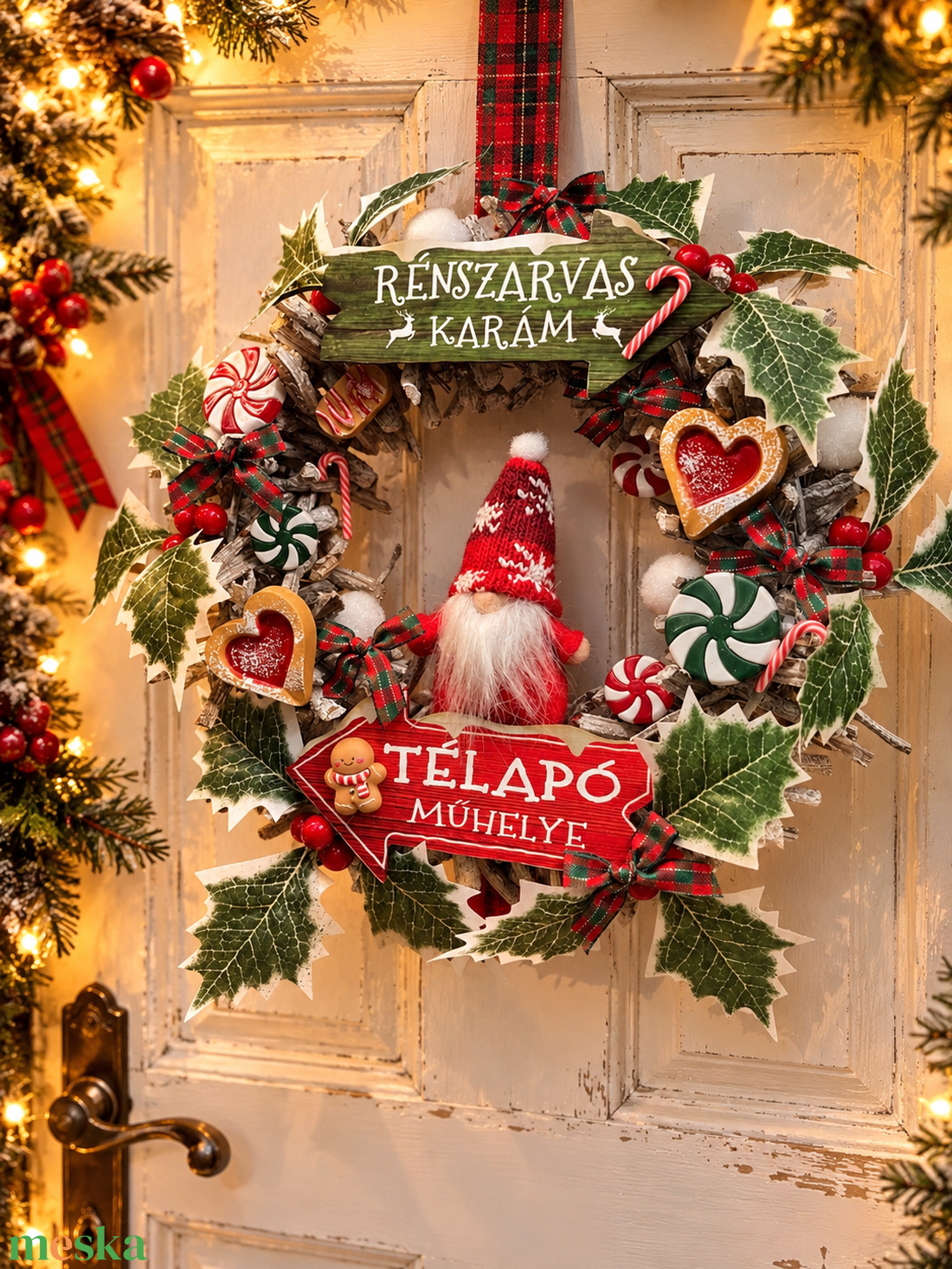 Karácsonyi manós koszorú - karácsony - karácsonyi lakásdekoráció - karácsonyi ajtódíszek - Meska.hu