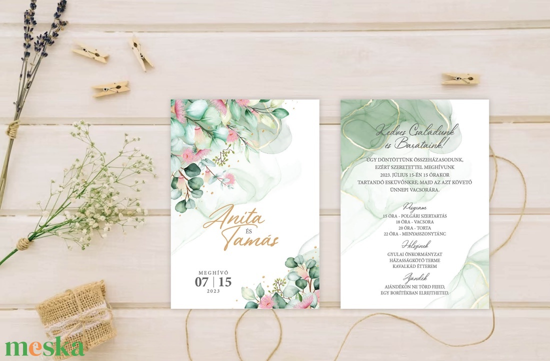 Eukaliptuszos-virágos esküvői meghívó - esküvő - meghívó & kártya - meghívó - Meska.hu