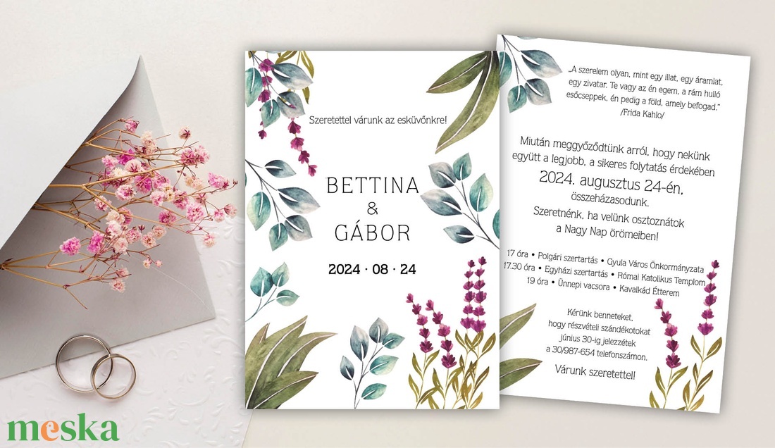 Romantikus, aquarell virágos esküvői meghívó - esküvő - meghívó & kártya - meghívó - Meska.hu