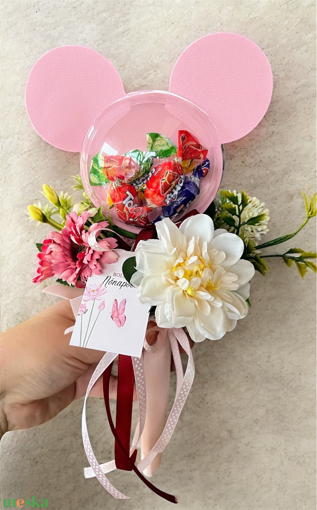 Mickey fej csokor, nőnapra - otthon & életmód - virágdekoráció - virágok - szálas virág - Meska.hu