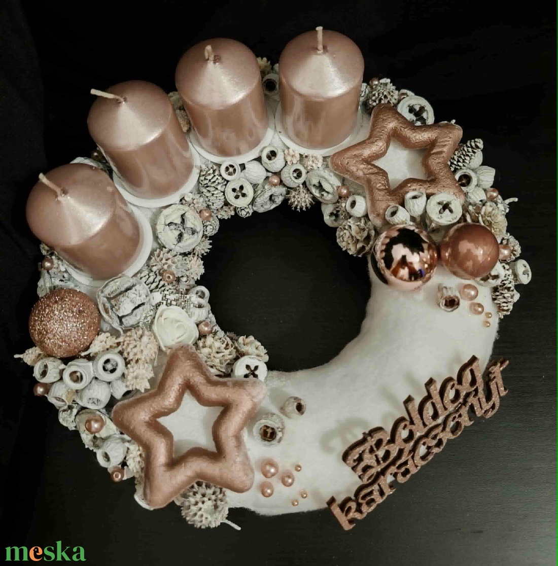 Rose gold-fehér adventi koszorú - karácsony - adventi díszek - adventi gyertyadíszek és koszorúdíszek - Meska.hu