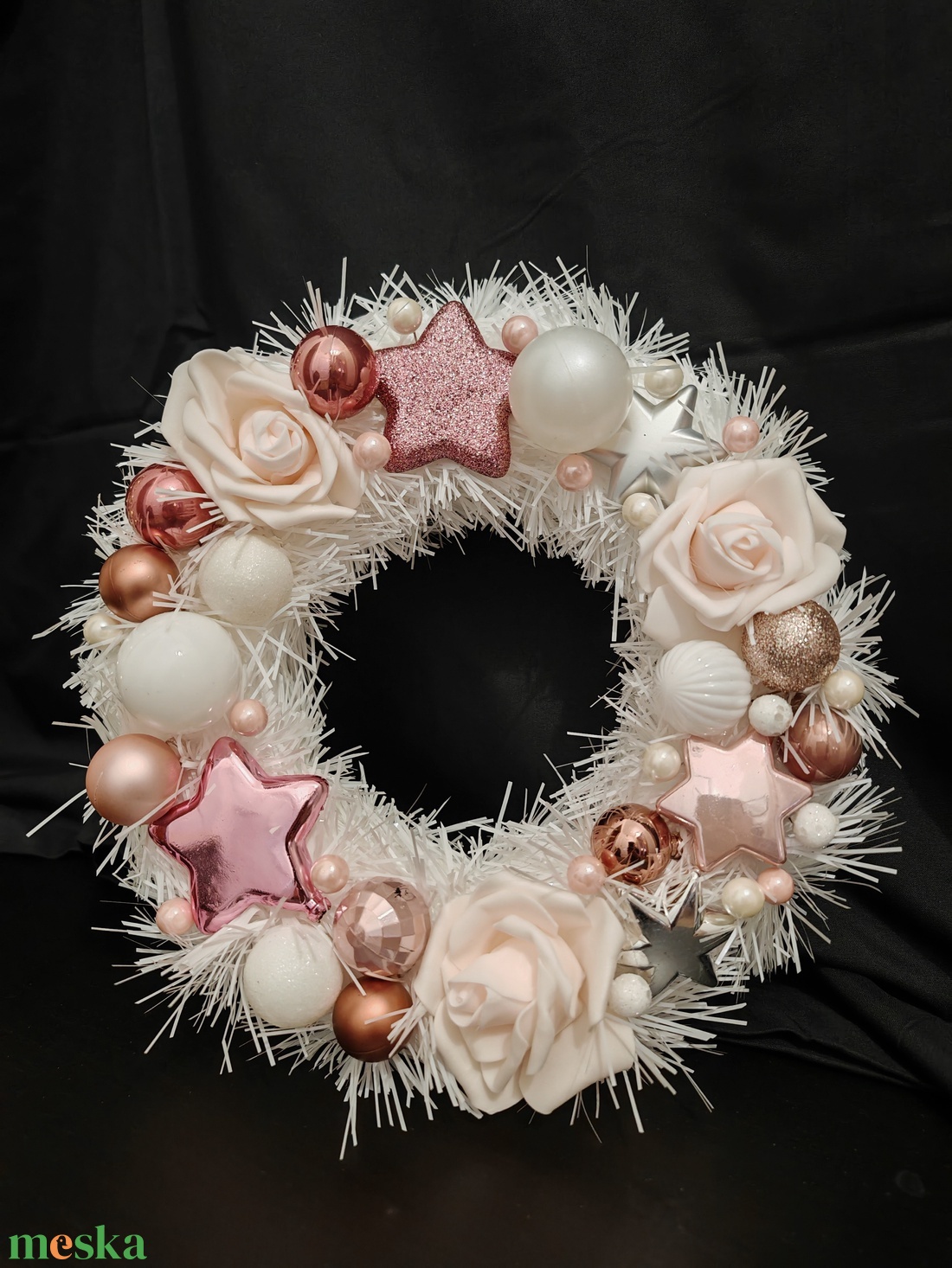 Karácsonyi rózsaszín-fehér kopogtató  - karácsony - karácsonyi lakásdekoráció - karácsonyi ajtódíszek - Meska.hu