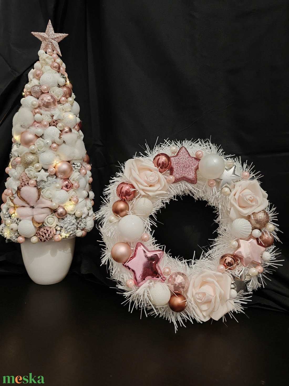 Karácsonyi rózsaszín-fehér kopogtató  - karácsony - karácsonyi lakásdekoráció - karácsonyi ajtódíszek - Meska.hu