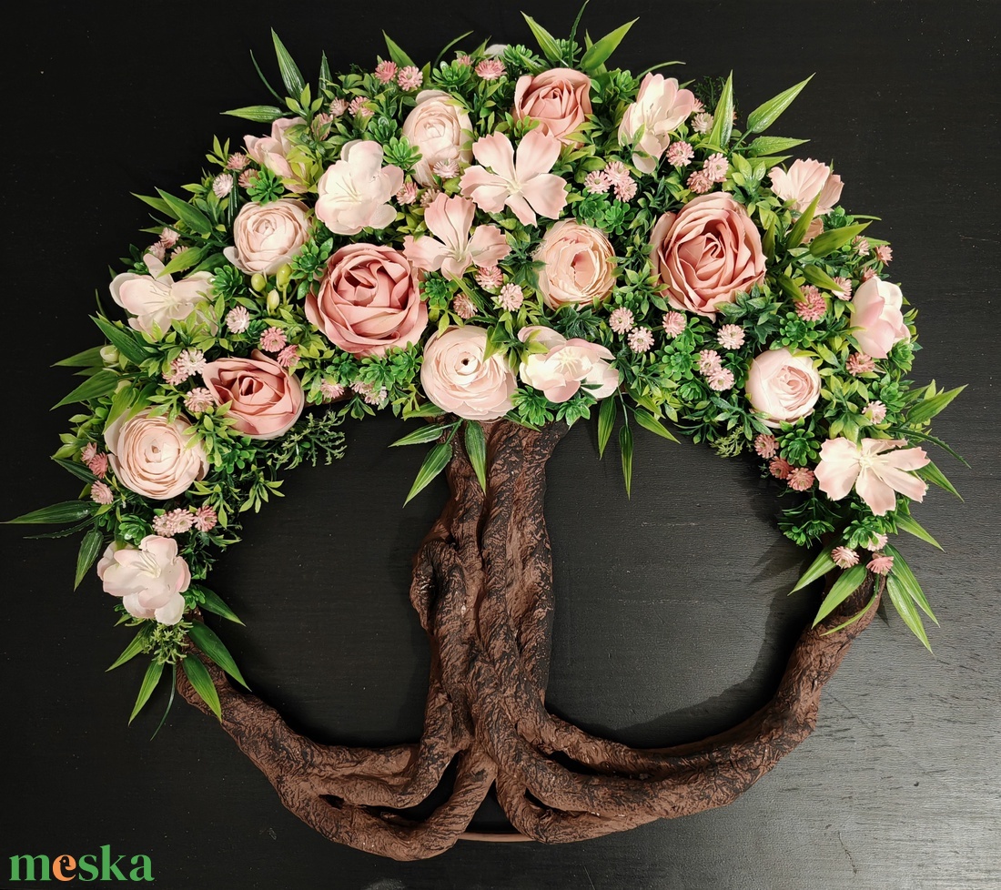 Rózsaszín virágokkal készült tavaszi Életfa (Tündérfa) kopogtató  - otthon & életmód - dekoráció - ajtó- és ablak dekoráció - ajtódísz & kopogtató - Meska.hu