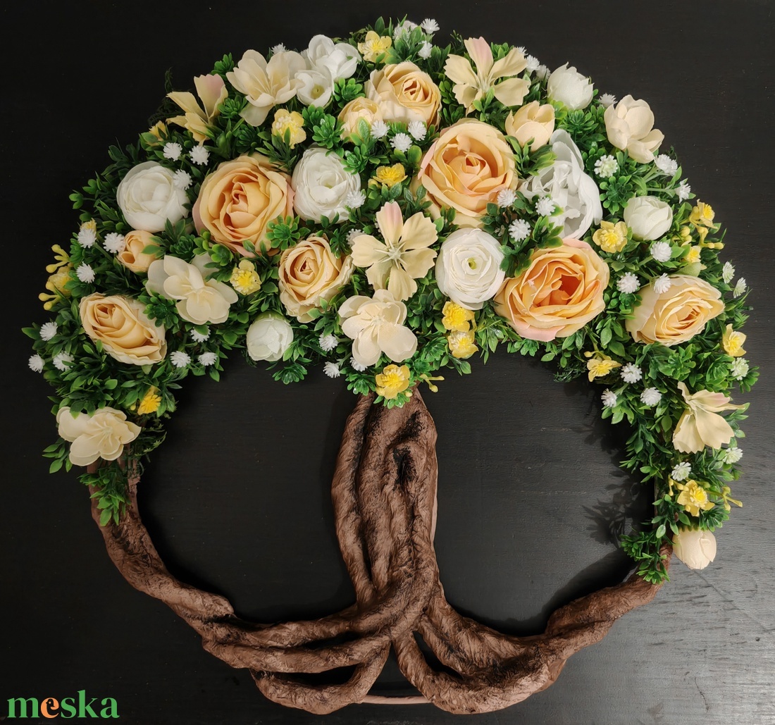 Sárga-fehér virágokkal készült tavaszi Életfa (Tündérfa) kopogtató  - otthon & életmód - dekoráció - ajtó- és ablak dekoráció - ajtódísz & kopogtató - Meska.hu