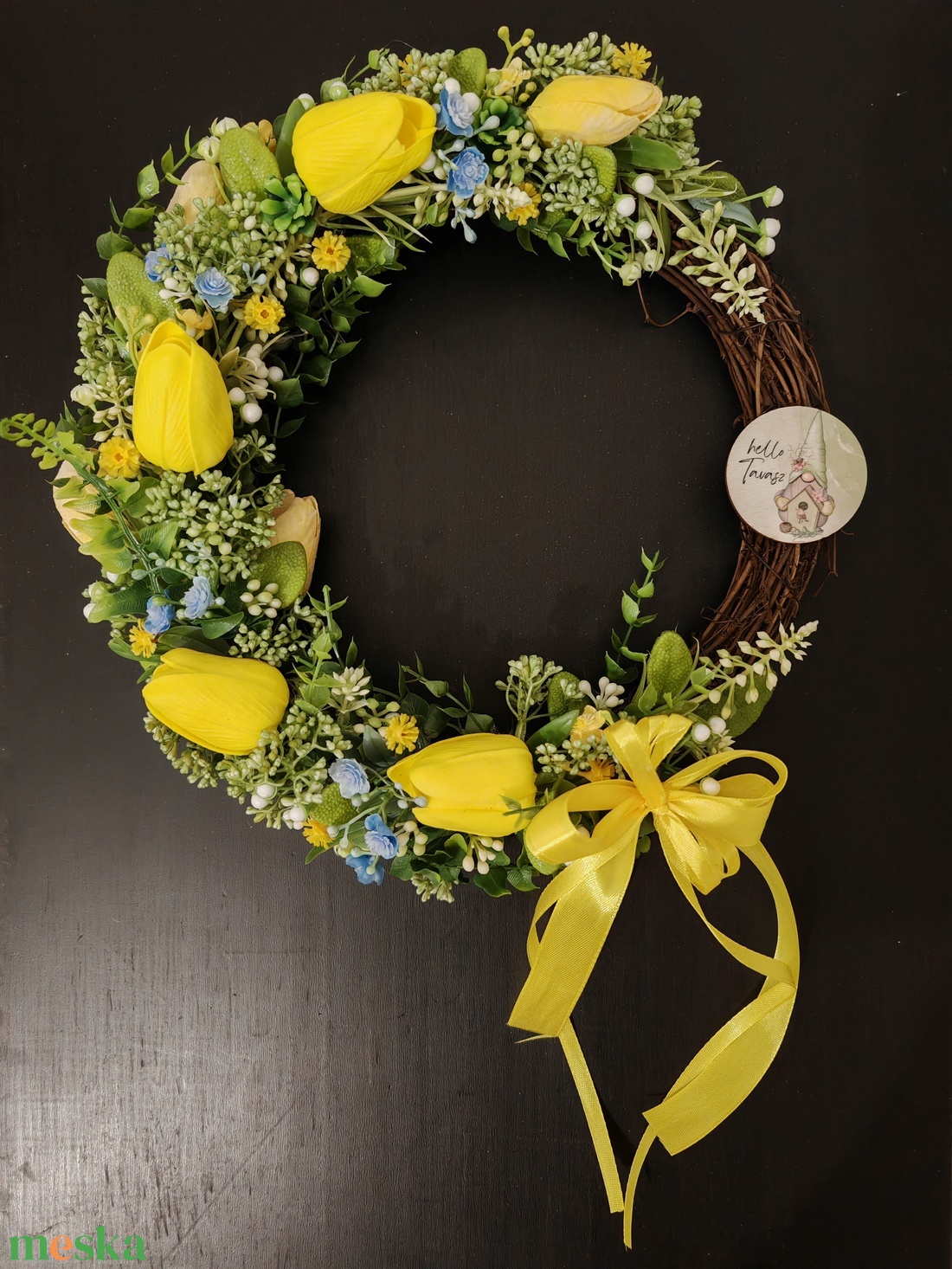 Vidám tavaszi kopogtató sárga tulipánnal - otthon & életmód - dekoráció - ajtó- és ablak dekoráció - ajtódísz & kopogtató - Meska.hu