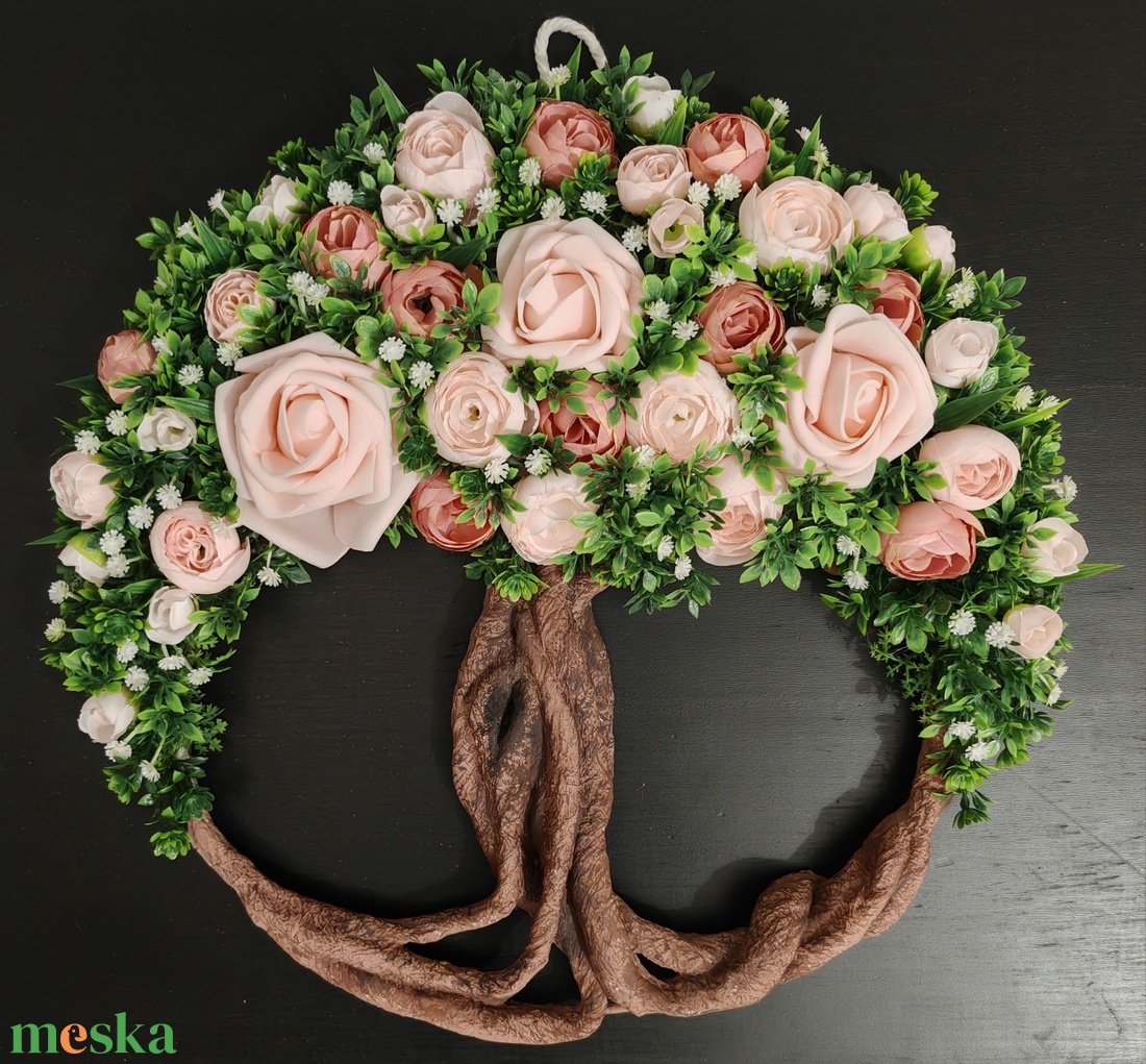 Rózsaszín virágokkal készült tavaszi Életfa (Tündérfa) kopogtató  - otthon & életmód - dekoráció - ajtó- és ablak dekoráció - ajtódísz & kopogtató - Meska.hu