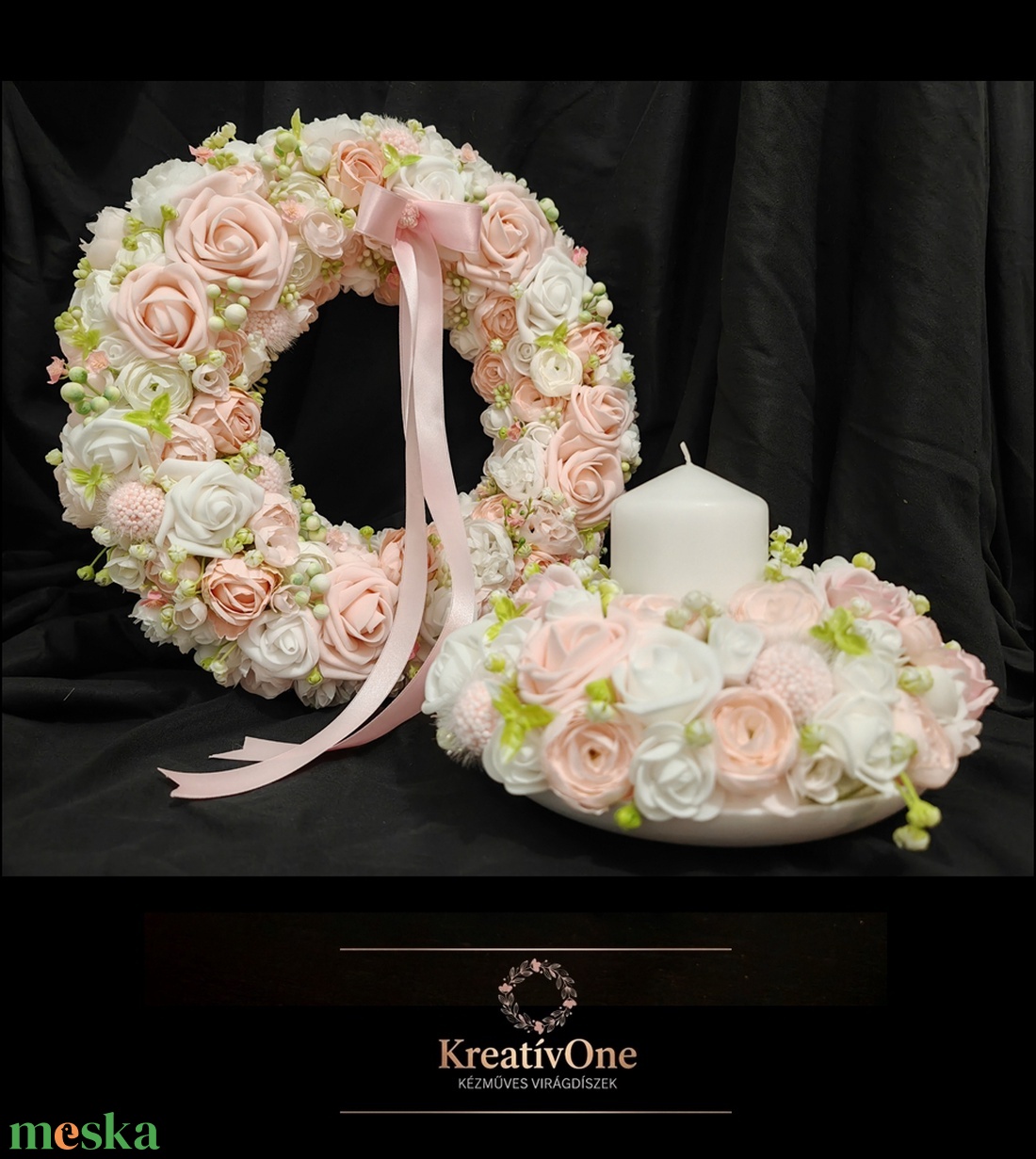 Rózsaszín-fehér virágos tavaszi kopogtató asztaldísszel - otthon & életmód - dekoráció - ajtó- és ablak dekoráció - ajtódísz & kopogtató - Meska.hu