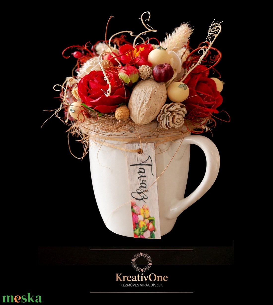 Vörös-bézs asztaldísz - otthon & életmód - virágdekoráció - virágdíszek - asztali virágdísz - Meska.hu