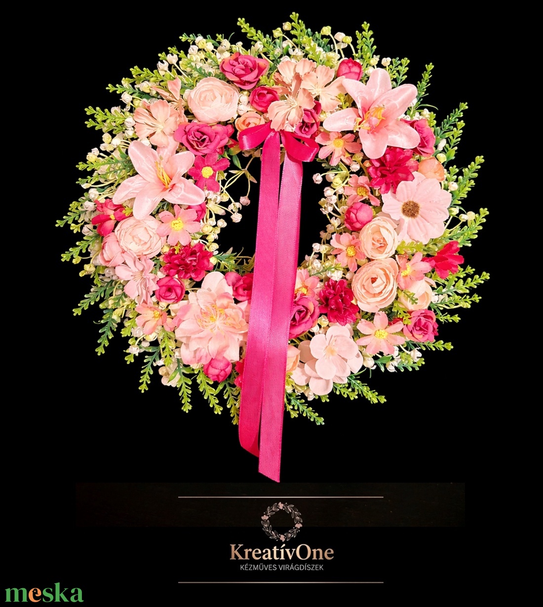 Rózsaszín-pink virágos ajtódísz - otthon & életmód - dekoráció - ajtó- és ablak dekoráció - ajtódísz & kopogtató - Meska.hu