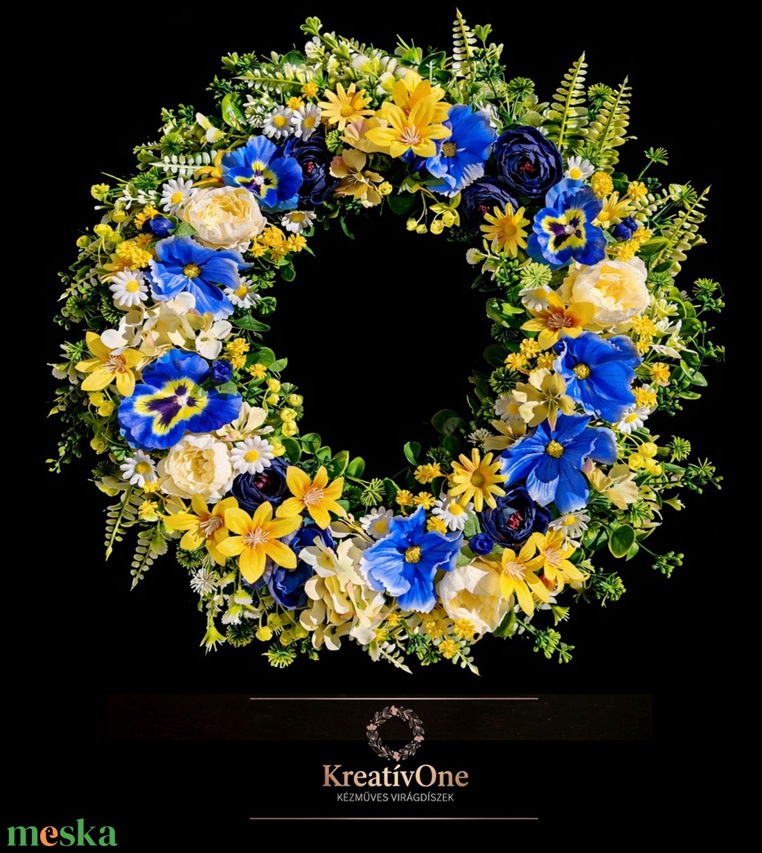 Kék-sárga virágos ajtódísz  - otthon & életmód - dekoráció - ajtó- és ablak dekoráció - ajtódísz & kopogtató - Meska.hu