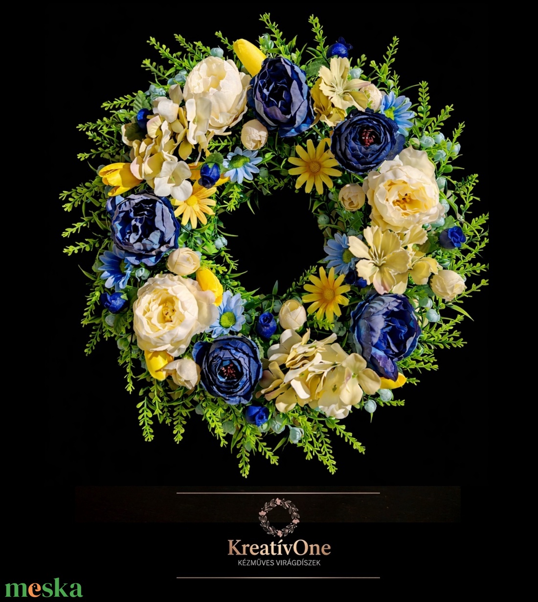 Kék-sárga virágos ajtódísz  - otthon & életmód - dekoráció - ajtó- és ablak dekoráció - ajtódísz & kopogtató - Meska.hu