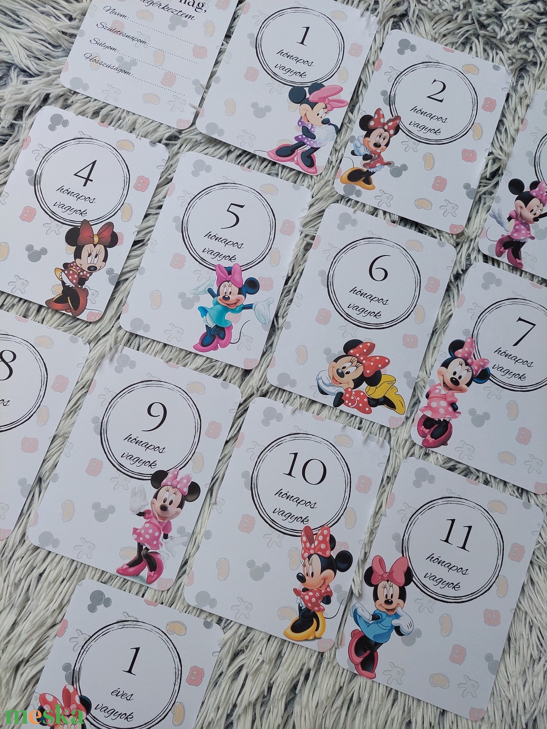 40db Babakártya, Baba mérföldkő kártya, Minnie egeres - otthon & életmód - babaszoba, gyerekszoba - babaszoba kép - Meska.hu