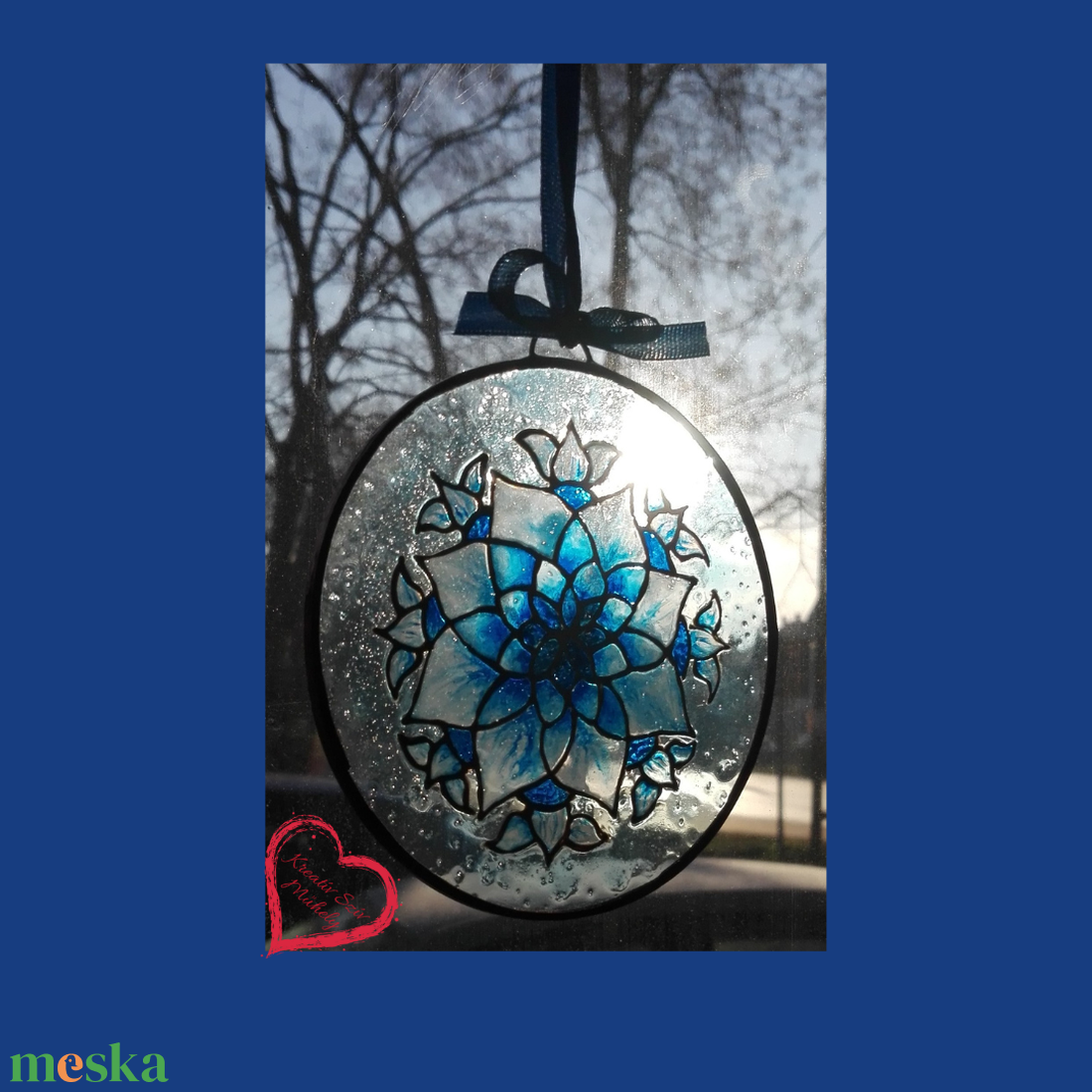 Kék virág-/Mini üvegkép/10 cm - művészet - festmény - üvegfestmény - Meska.hu