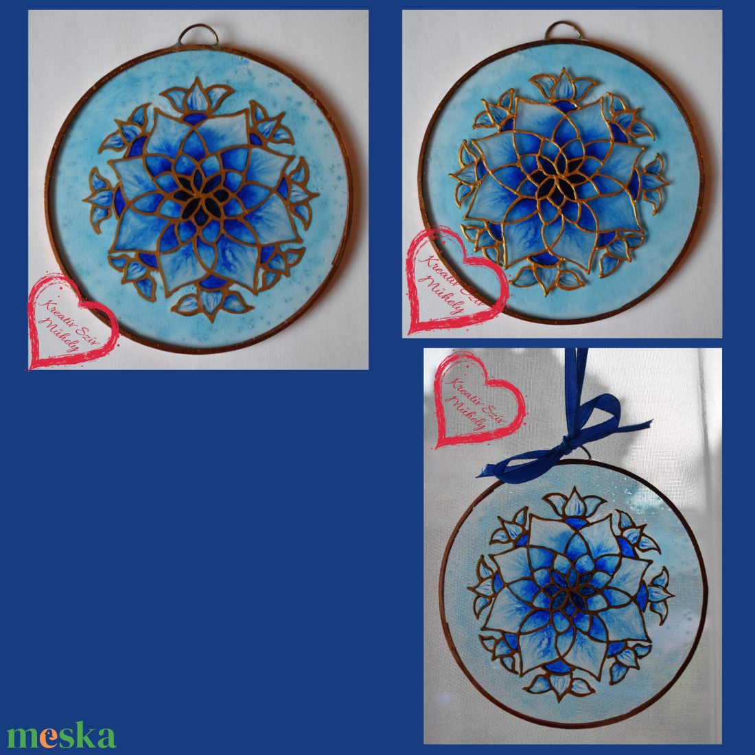 Kék virág-/Mini üvegkép/10 cm - művészet - festmény - üvegfestmény - Meska.hu