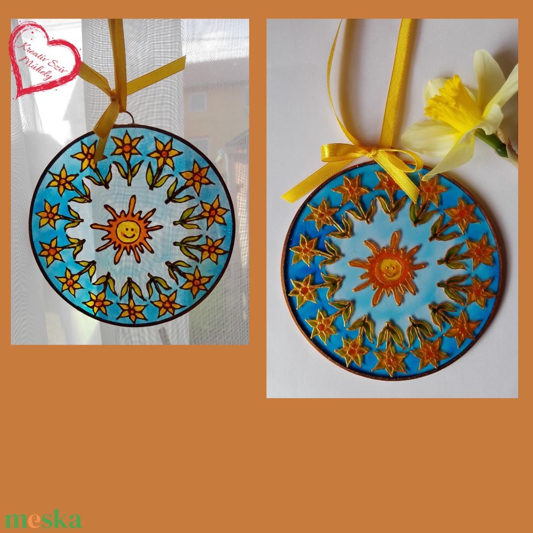 Nárciszok-mandala-/Mini üvegkép/12 cm - művészet - festmény - üvegfestmény - Meska.hu