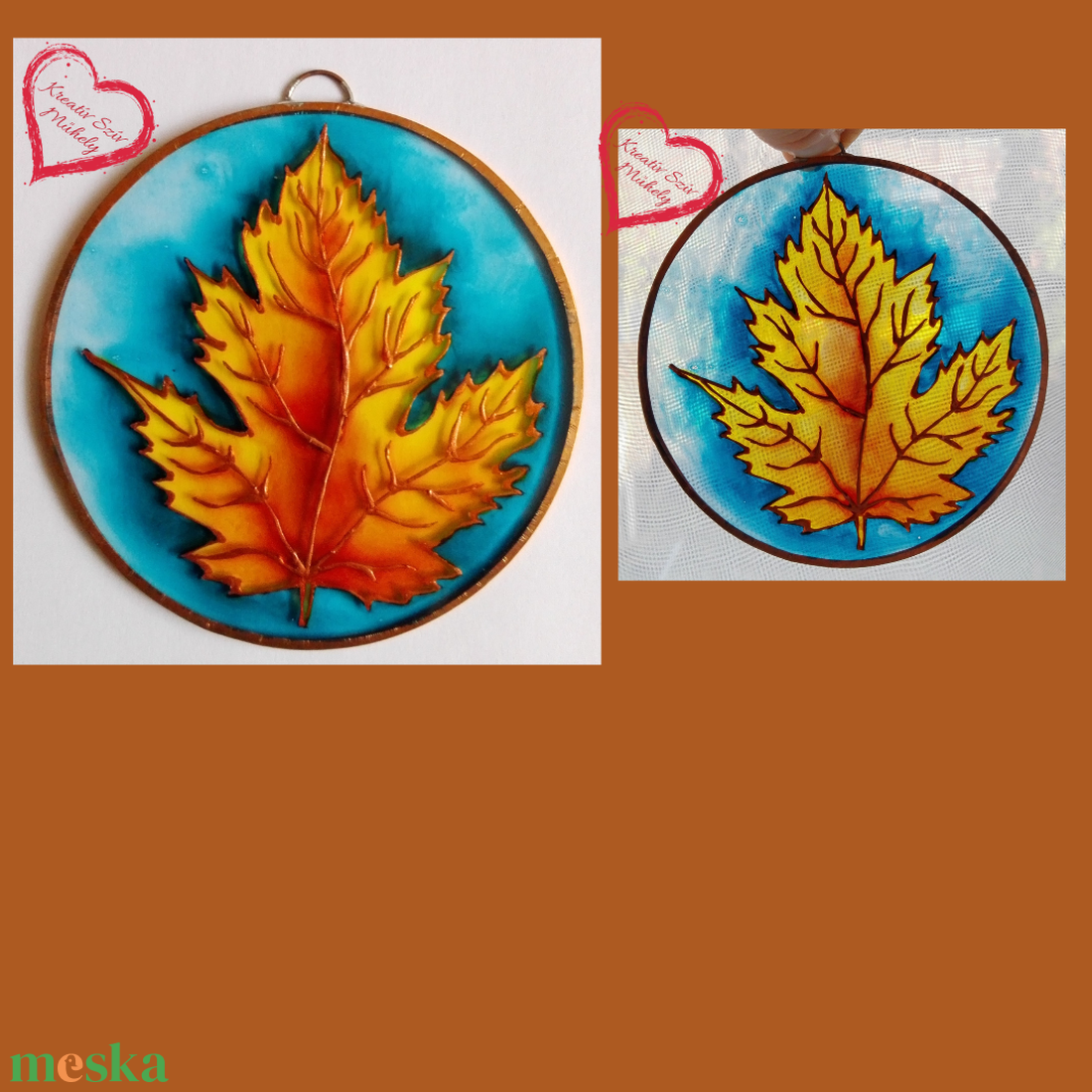 Őszi falevél-/Mini üvegkép/10 cm - művészet - festmény - üvegfestmény - Meska.hu