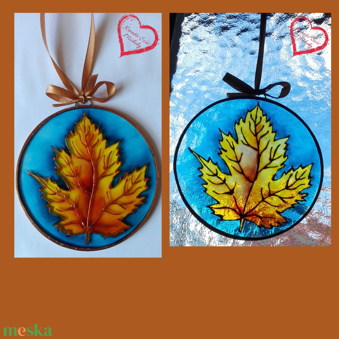 Őszi falevél-/Mini üvegkép/10 cm - művészet - festmény - üvegfestmény - Meska.hu