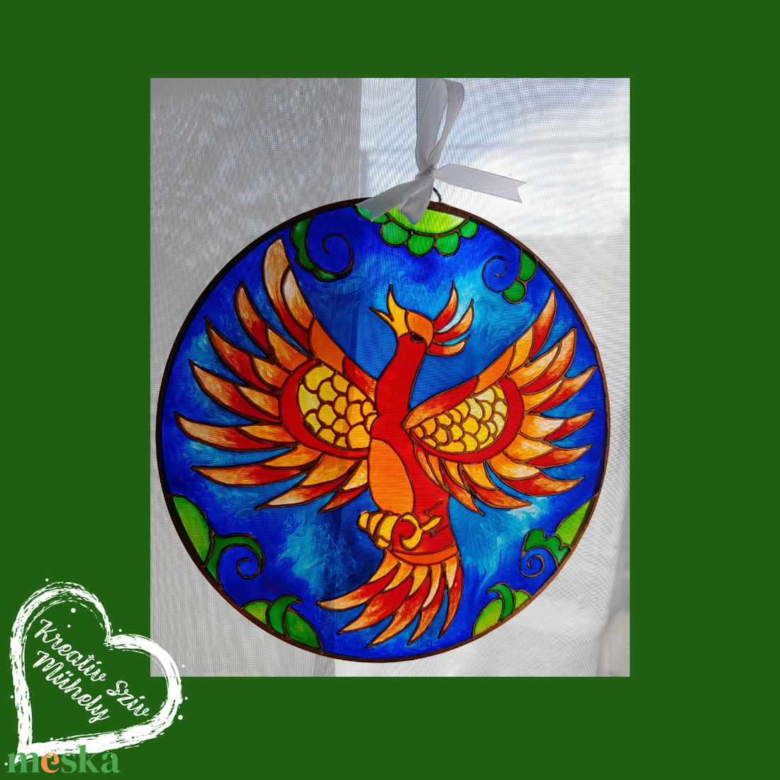 Főnixmadár-Mini üvegképek-15 cm - művészet - festmény - üvegfestmény - Meska.hu
