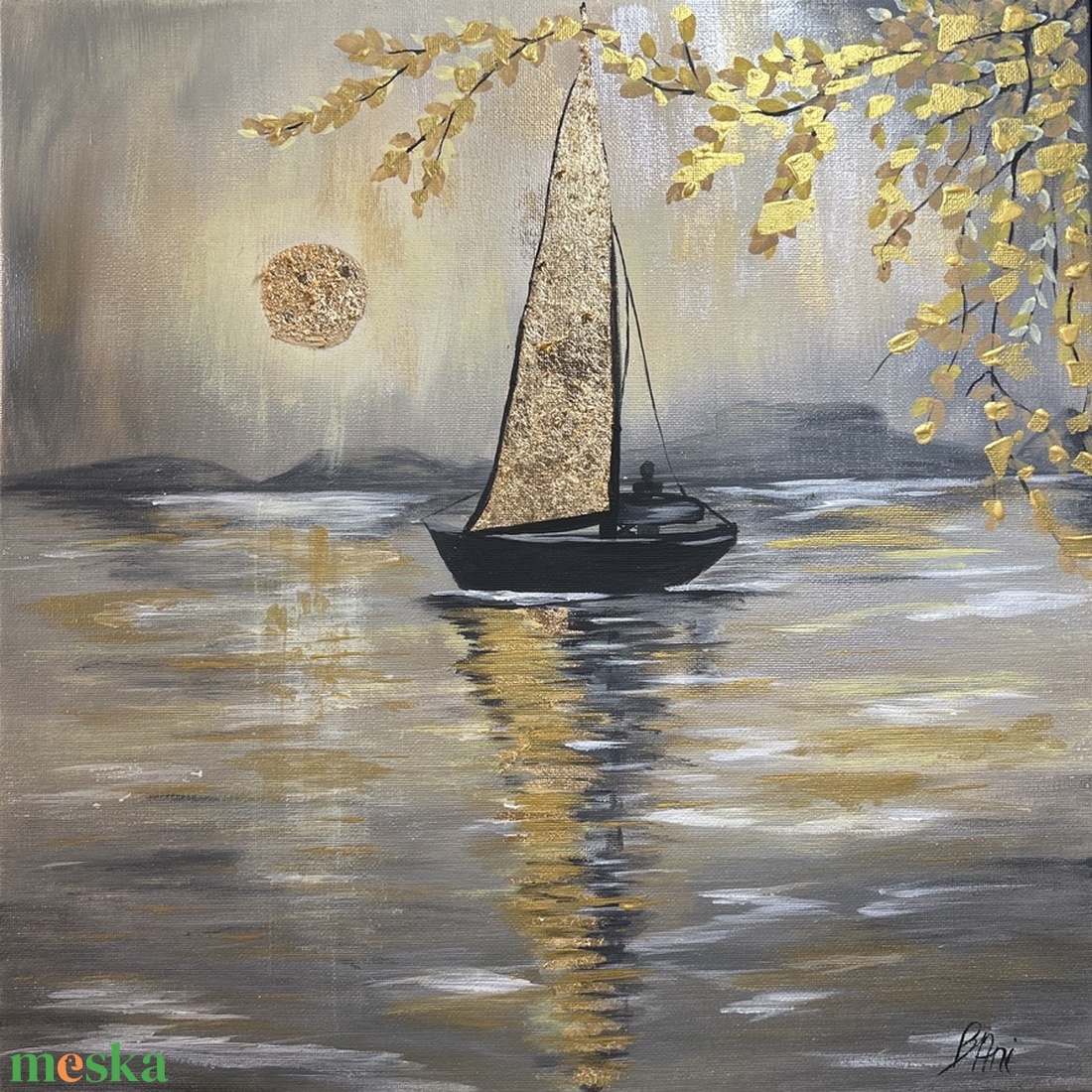 Golden Sail at Dusk - művészet - festmény - akril - Meska.hu