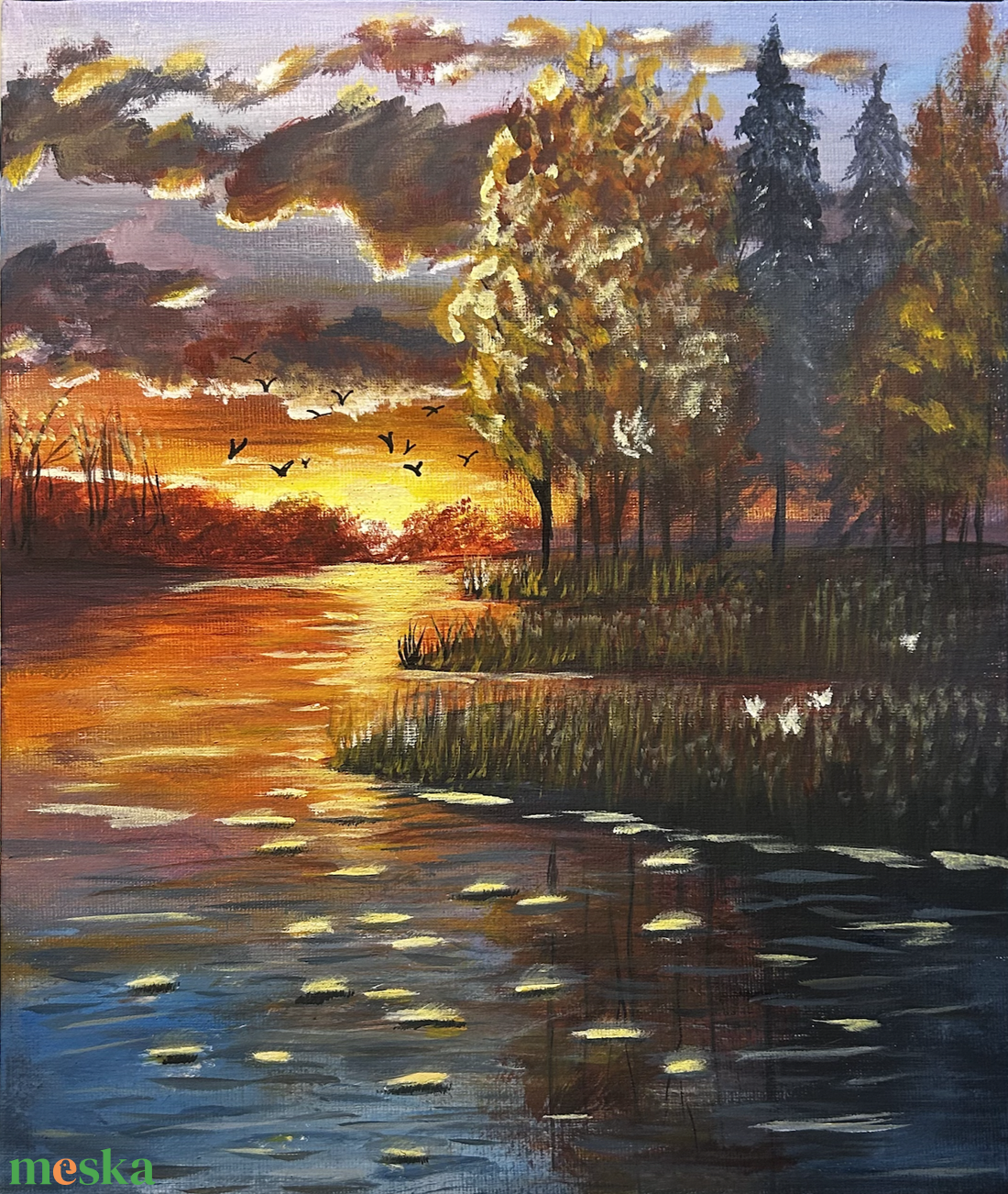 Aranyló alkony a vízparton - művészet - festmény - akril - Meska.hu